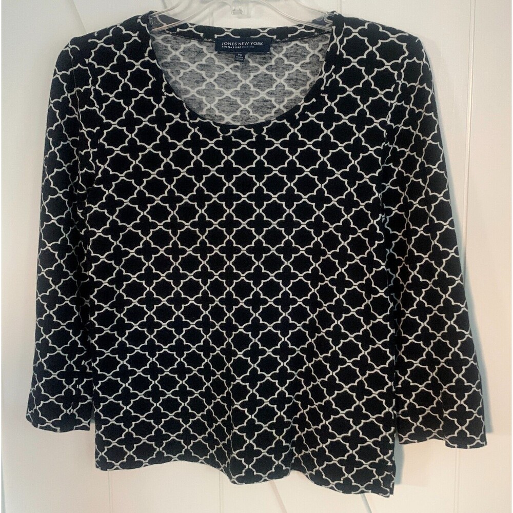 JONES NEW YORK - Black & White Geometric 3/4 Sleeve 100% Cotton Knit Top size PS
